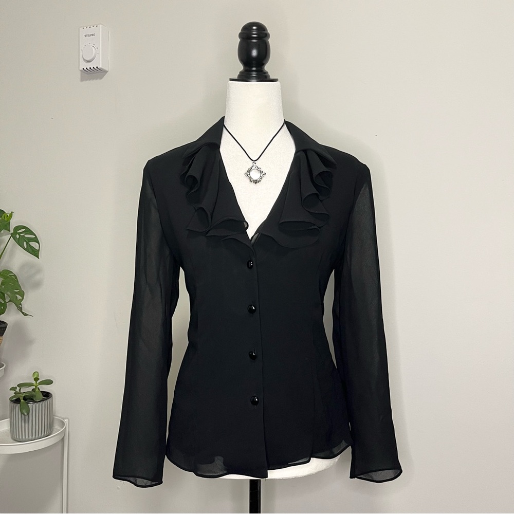 Vintage Black Sheer Ruffled Button Front Blouse